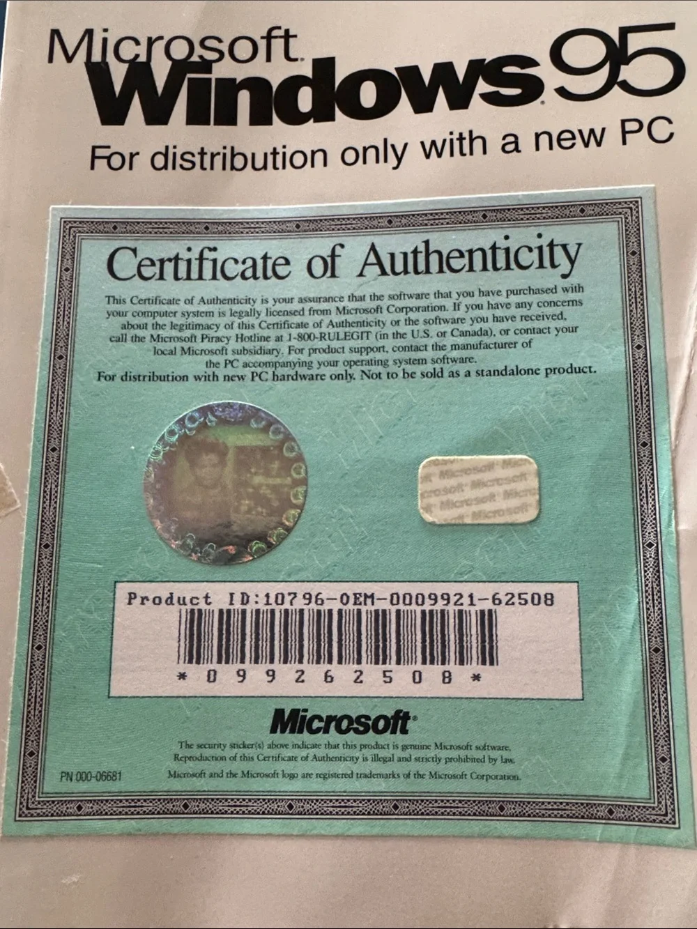 Microsoft Windows 95 Certificate of Authenticity Green Label
